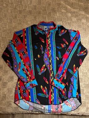 Men's 90s Vintage Wrangler Button Up Western Shirt Feather-Print XL